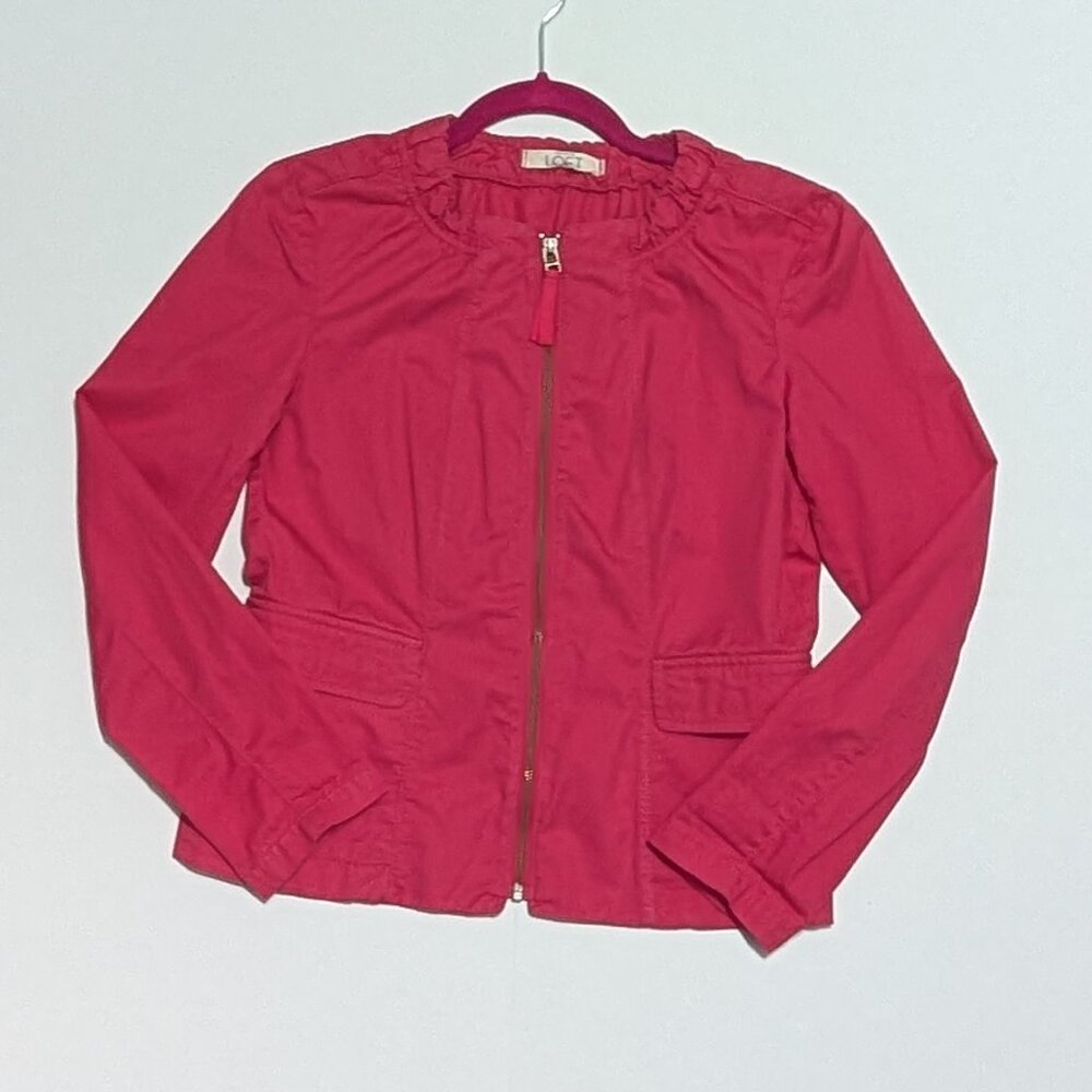 Ann Taylor Loft Pink Cooton Zip Up Blazer/Jacket Pockets size Small Petite